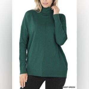 ZENANA HiLo Soft Viscose Turtleneck Front Seam Fine Knit Sweater Deep Green SZ L